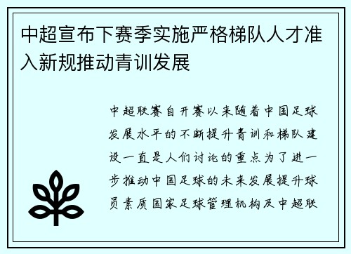 中超宣布下赛季实施严格梯队人才准入新规推动青训发展 中超宣布下赛季实施严格梯队人才准入新规推动青训发展