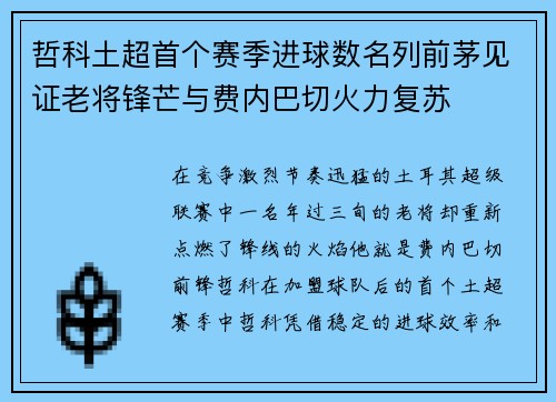哲科土超首个赛季进球数名列前茅见证老将锋芒与费内巴切火力复苏 哲科土超首个赛季进球数名列前茅见证老将锋芒与费内巴切火力复苏