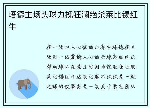 塔德主场头球力挽狂澜绝杀莱比锡红牛